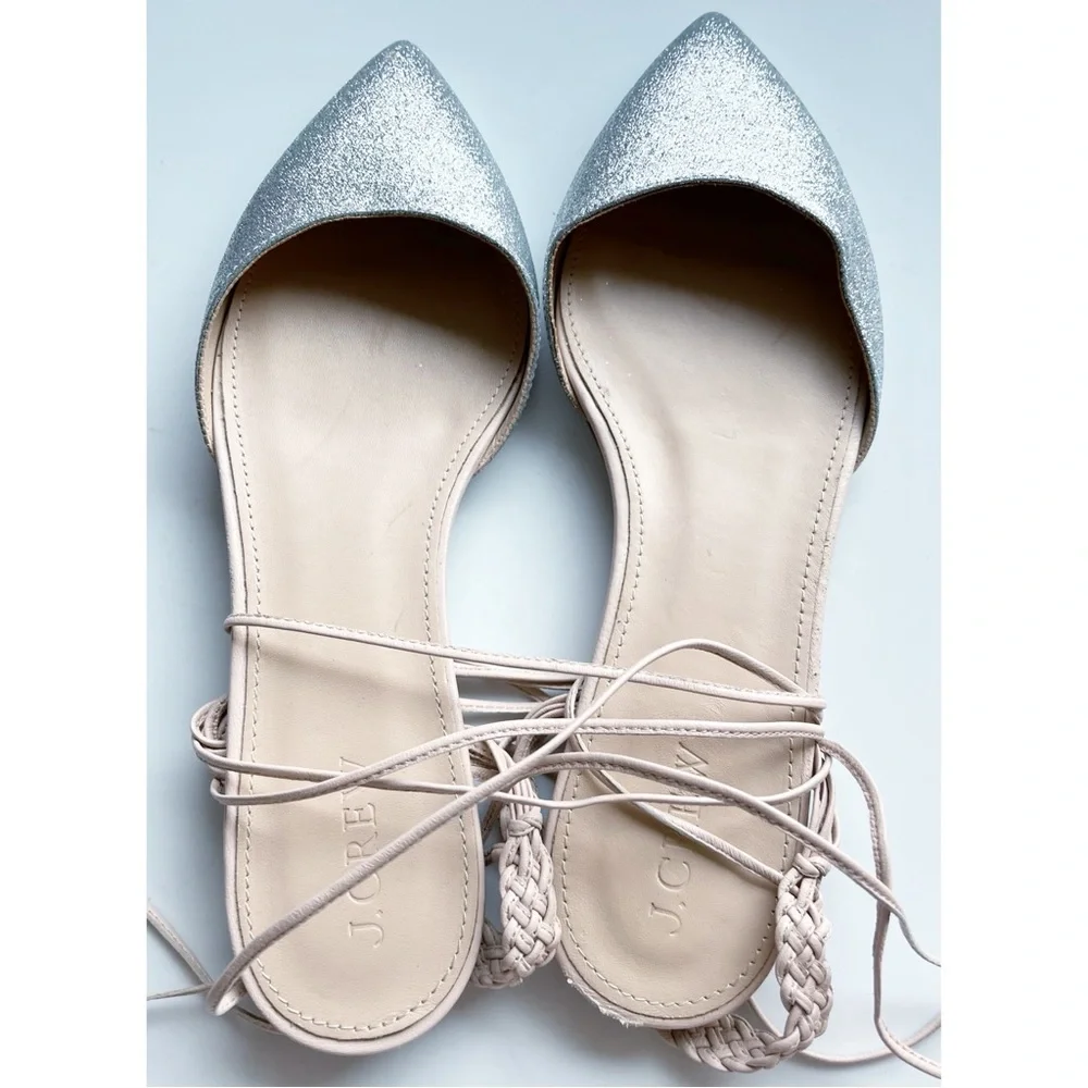 J Crew pointed toe glitter silver flats lace up sz 7